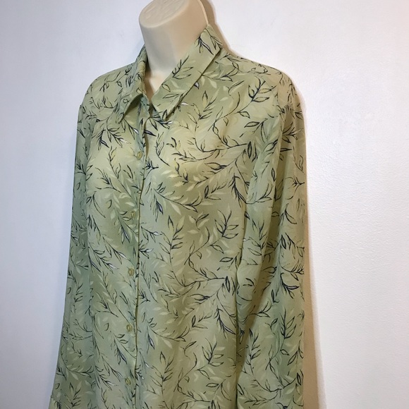 Vintage Casual Corner Annex Green Leaf Blouse Long Sleeve Silky XL Extra Large - Picture 2 of 10